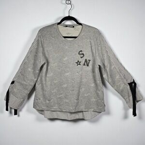 SONESTA‎ Designer Distressed Top Woman Large Gray Knit Front Tie Sleeve Detail